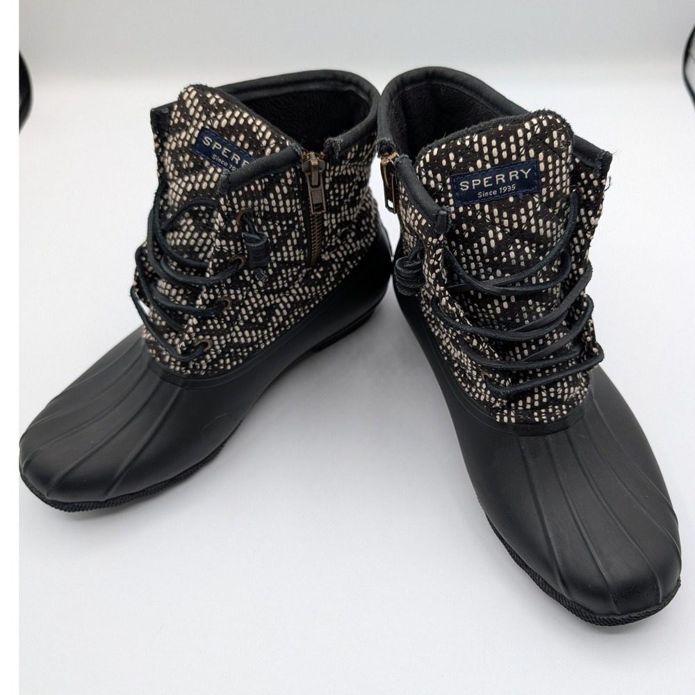 Sperry Saltwater Duck Boots Womens 7 Black White Patterned Waterproof STS95348